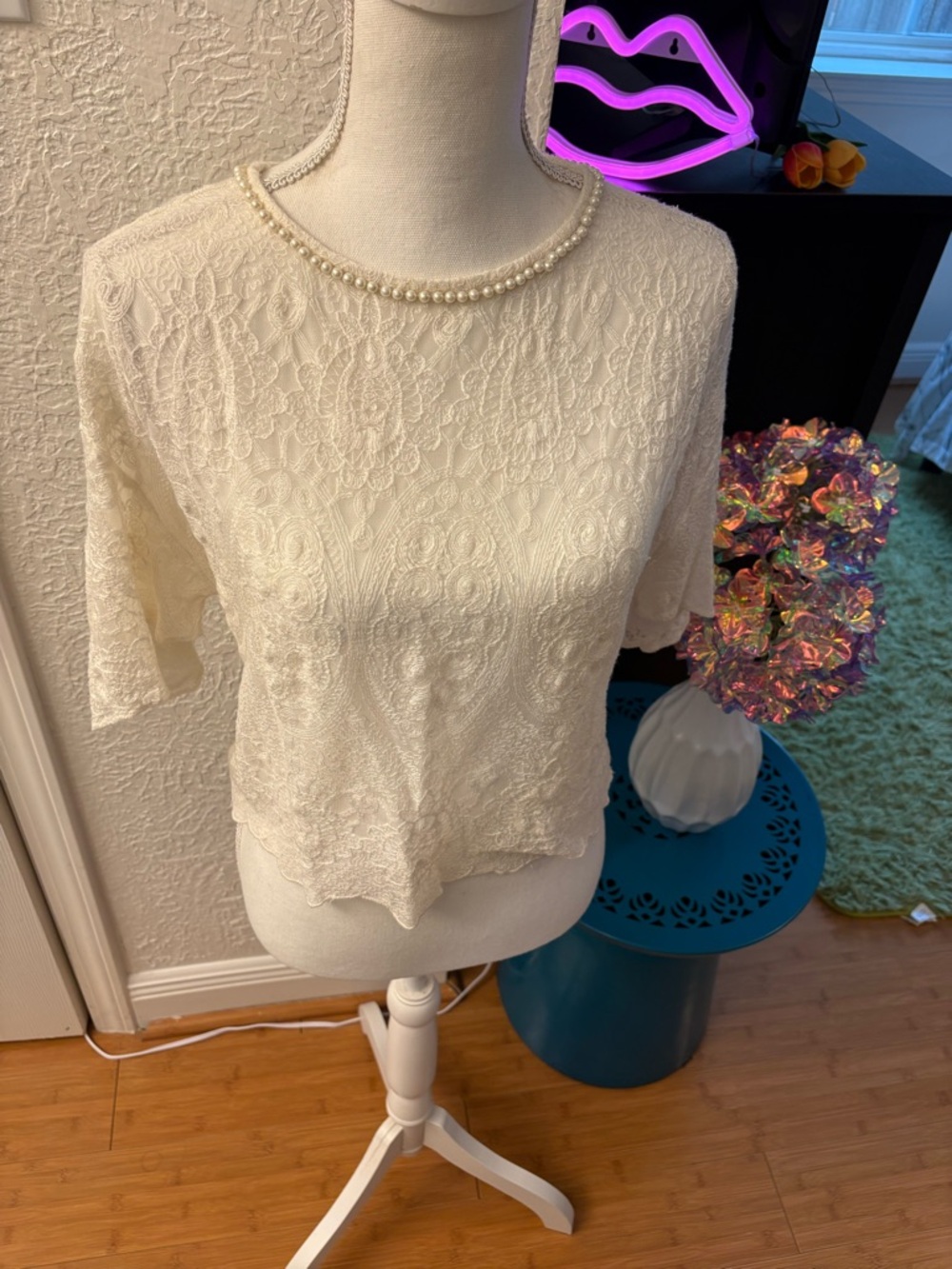 Zara Cream Lace Pearl-Trim Short Sleeve Blouse